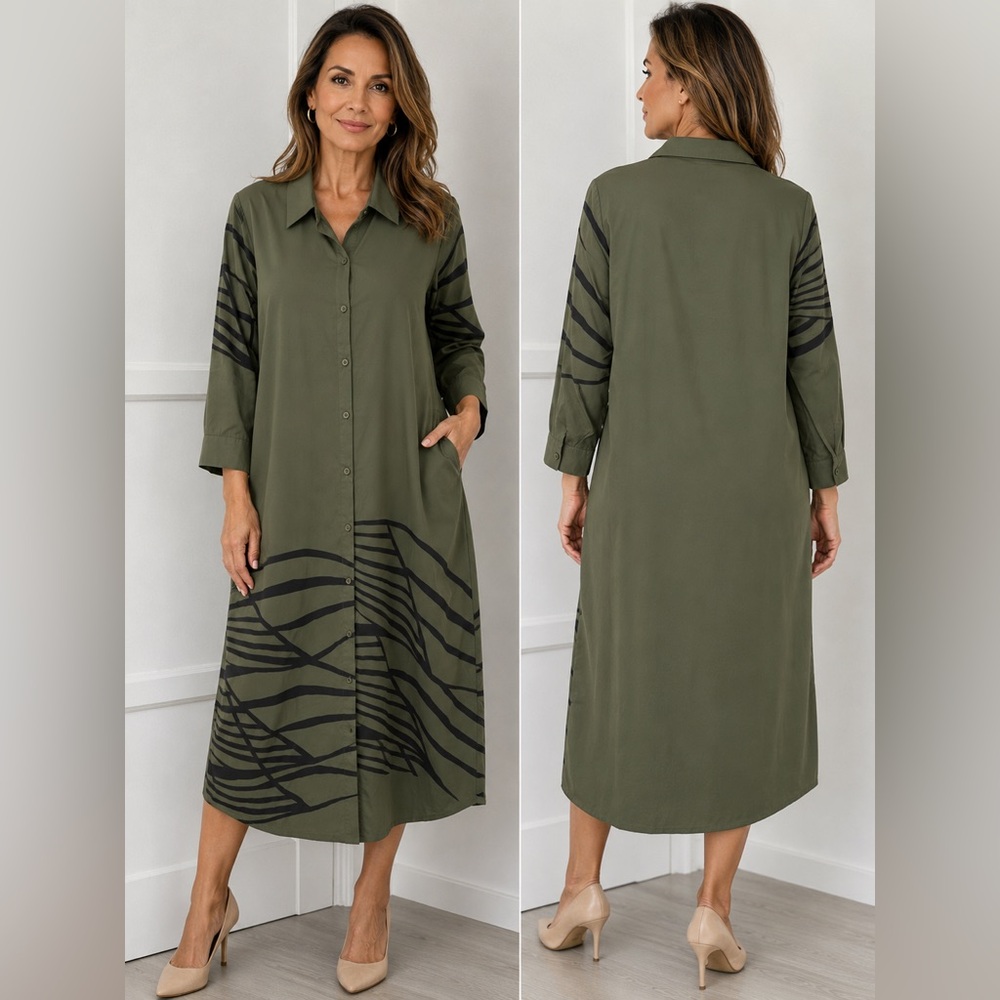🔥Olive Green Printed Shirt Dress, Size: M